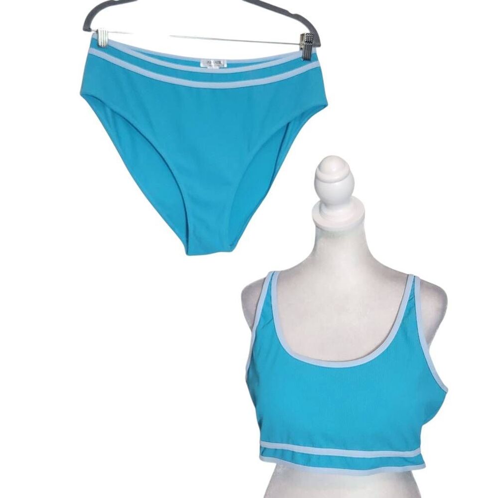 AI'MAGE Blue Bikini with Light Blue Trim and High Waist Bottoms NWT Size XL